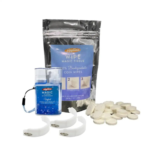 Sippline Combo of Magic compressed coin cloth Pack of 45 Tissues, Mini coin Tissue Dispenser, Pack of 3 Drinking Shield.