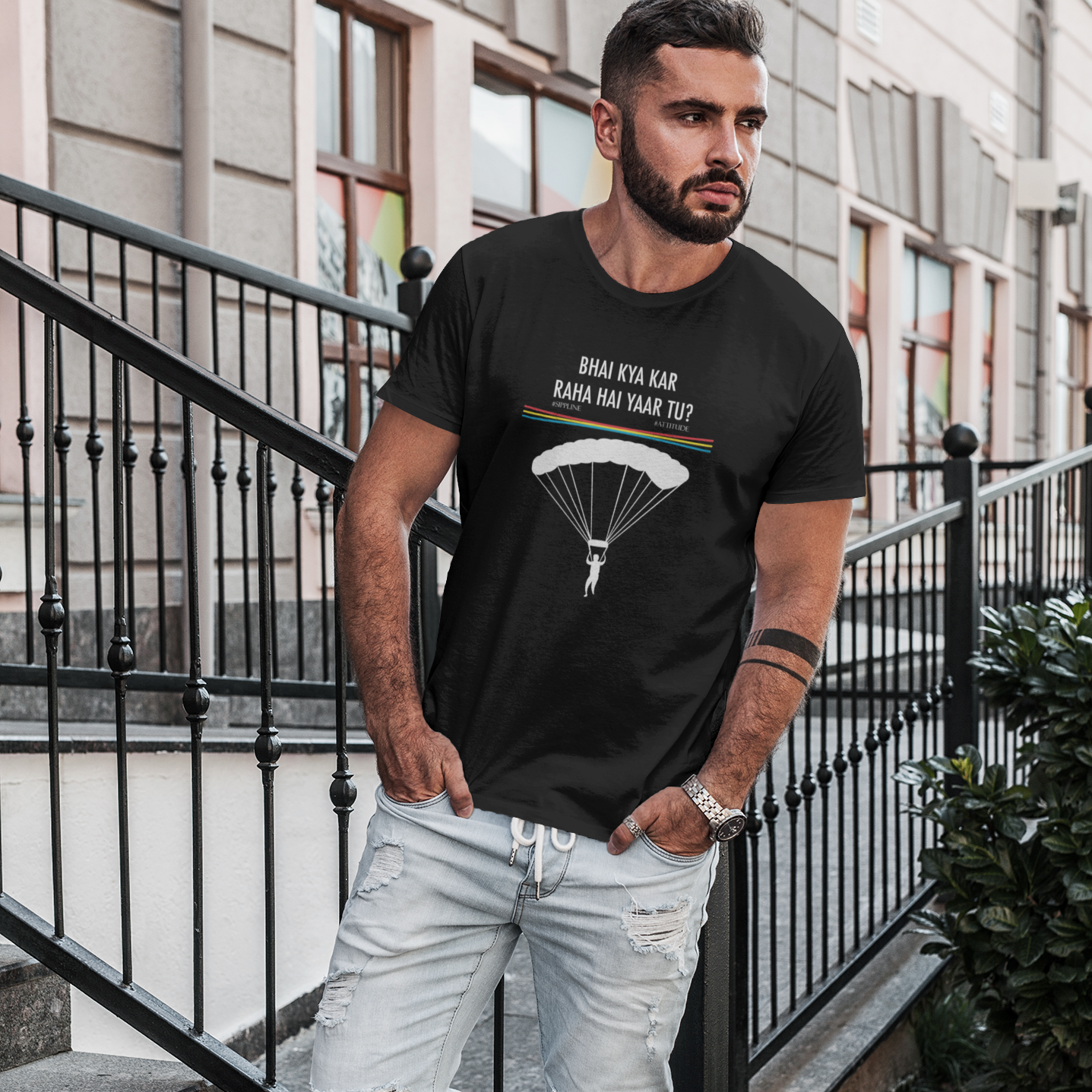 Sippline Digital Print Unisex Cotton T-Shirt 28 Bhai Kya Kar Raha Hai Yar Tu Shark Tank Sky Dive - Black & White