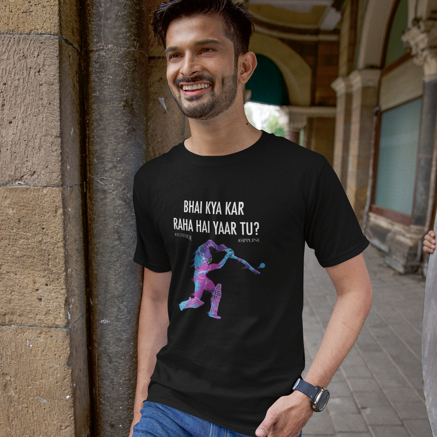 Sippline Digital Print Unisex Cotton T-Shirt 11 Bhai Kya Kar Raha Hai Yar Tu Cricket - Blue-Violet