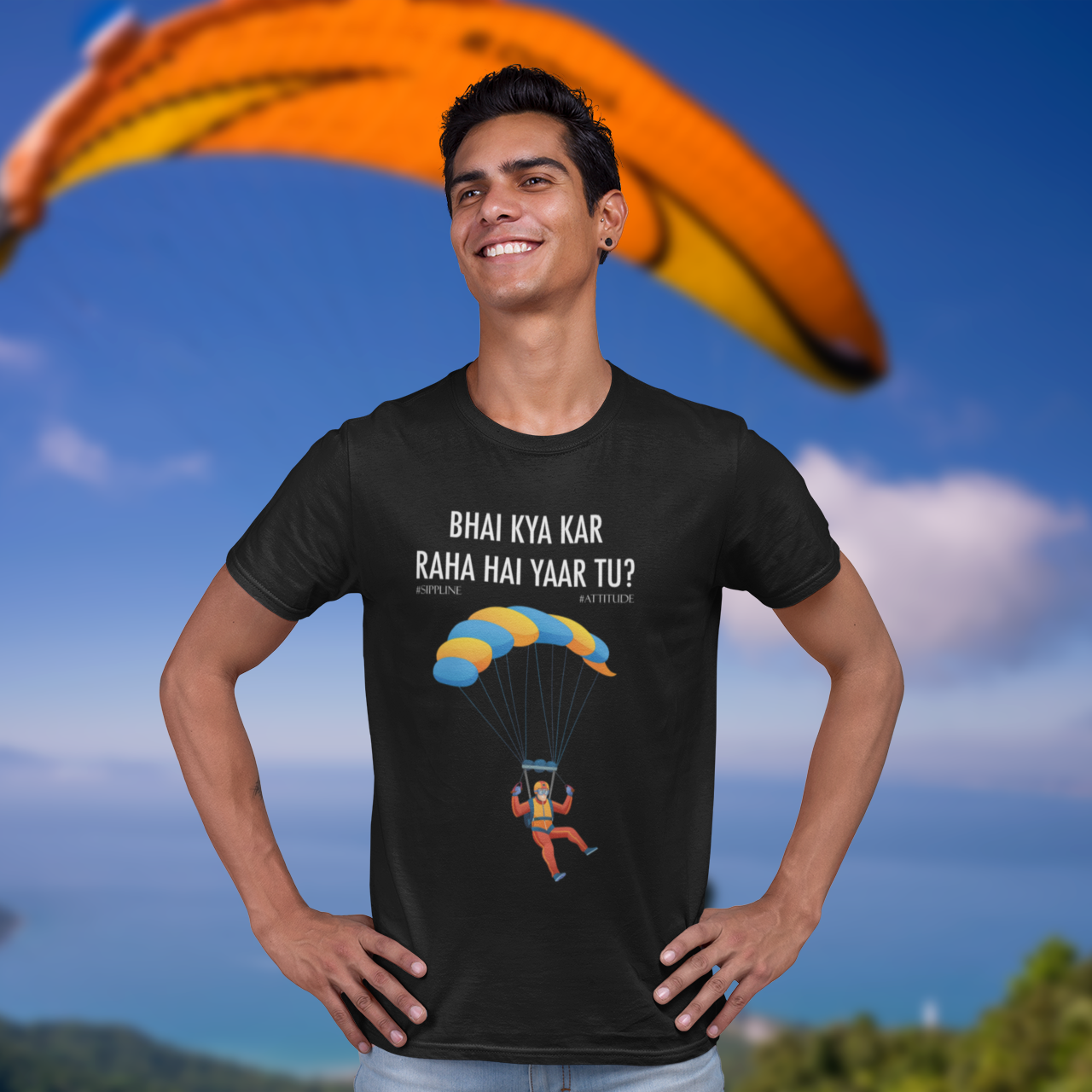 Sippline Digital Print Unisex Cotton T-Shirt 30 Bhai Kya Kar Raha Hai Yar Tu Shark Tank Sky Dive - Diver Parachute