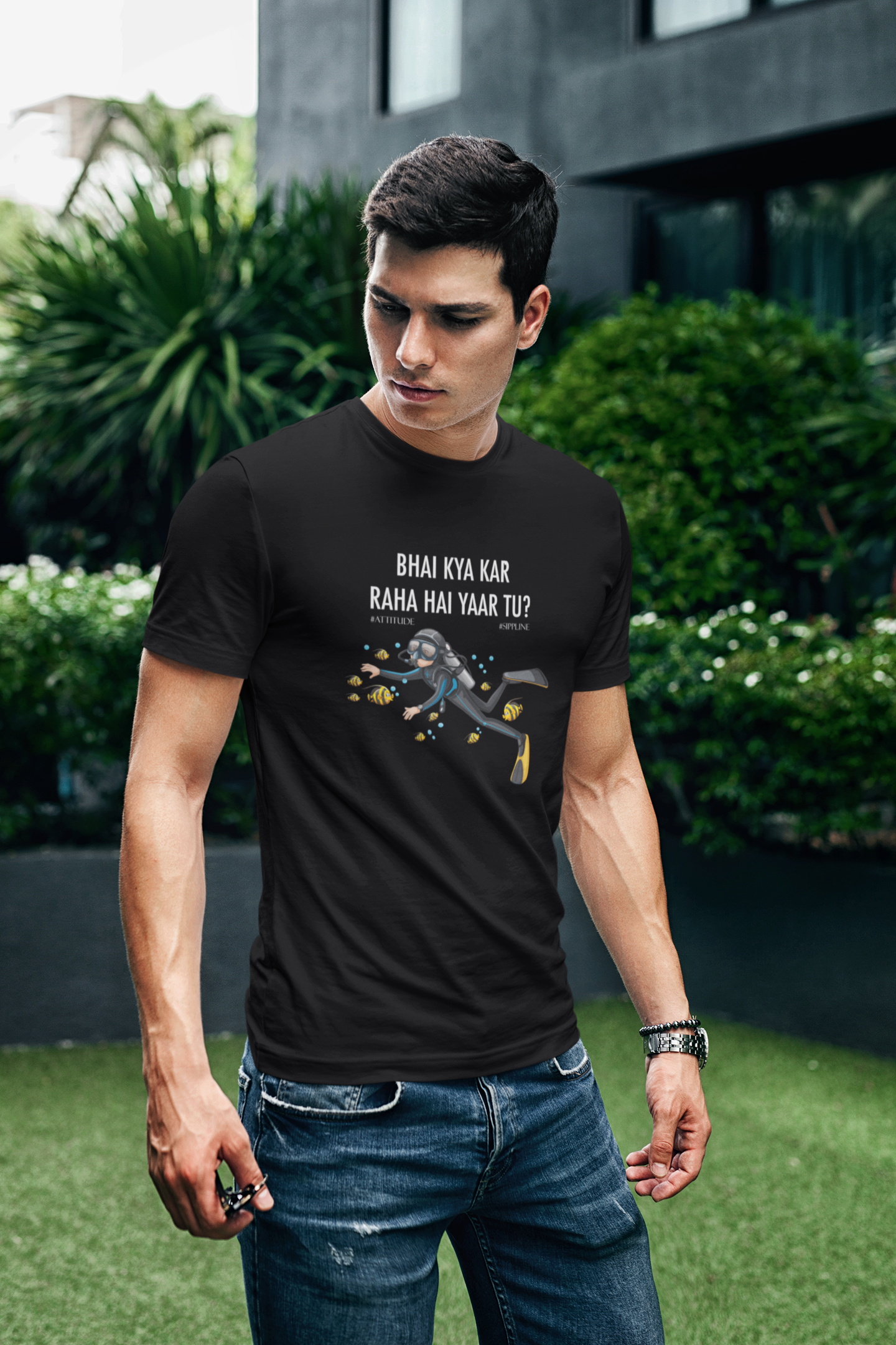 Sippline Digital Print Unisex Cotton T-Shirt 25 Bhai Kya Kar Raha Hai Yar Tu Shark Tank Scuba - Diver Side